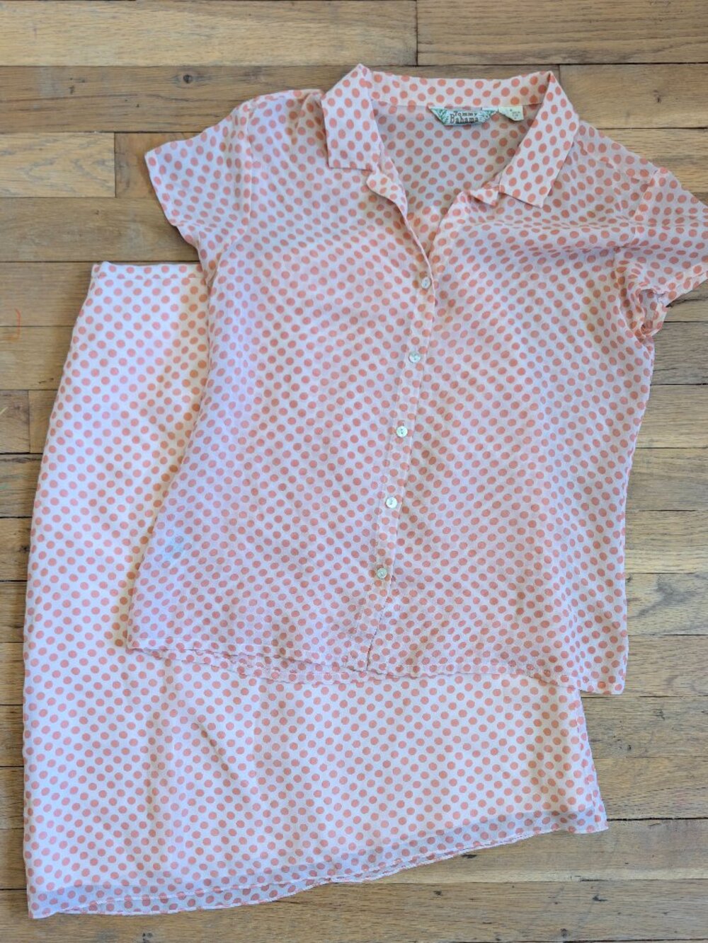 Vintage Tommy Bahama 100% Silk Skirt Set | Coral Polka Dot Midi Skirt & Blouse